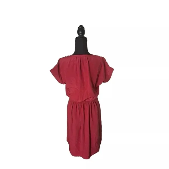 Madewell | Red Pink Ruched V-neck Short Sleeve Silk Dress Size 2 B26#10 - Picture 2 of 8